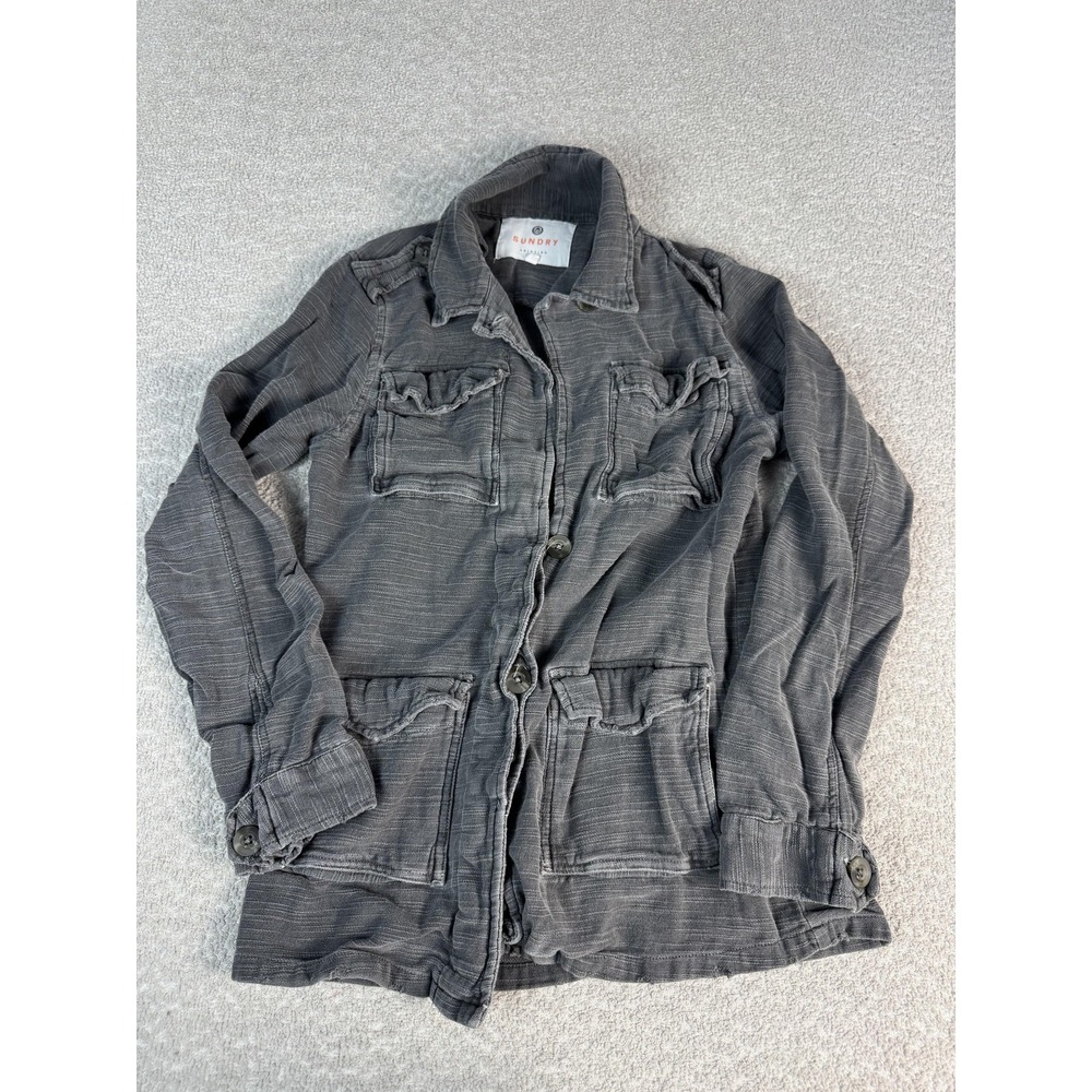 Sundry Military Jacket Womens 0 Gray Knit Button Front Travel Cities Print